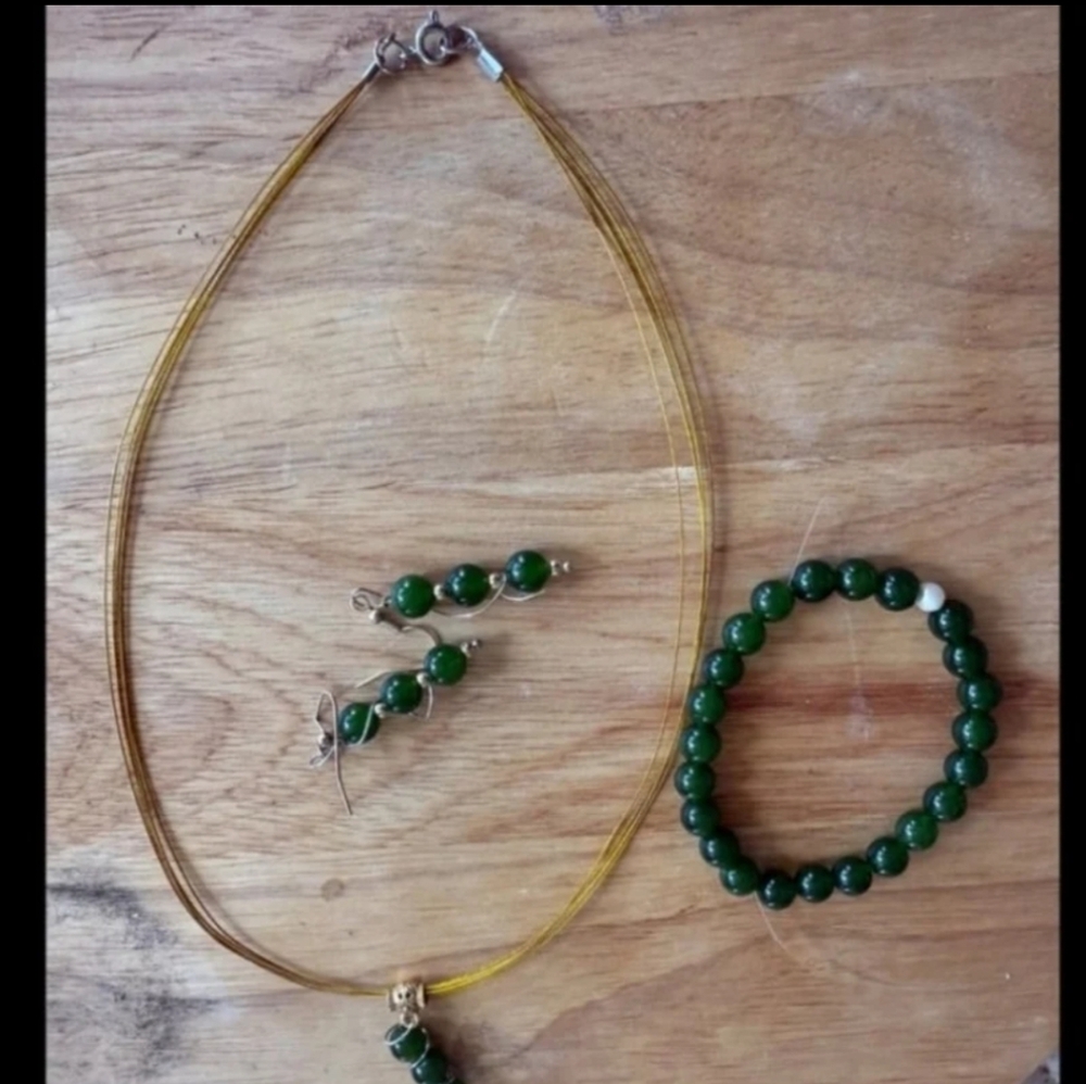 SALE AAA B.C. Jade Aka Dark Nephrite Jade 3 Piece FineJewelry Set See Beads Tag